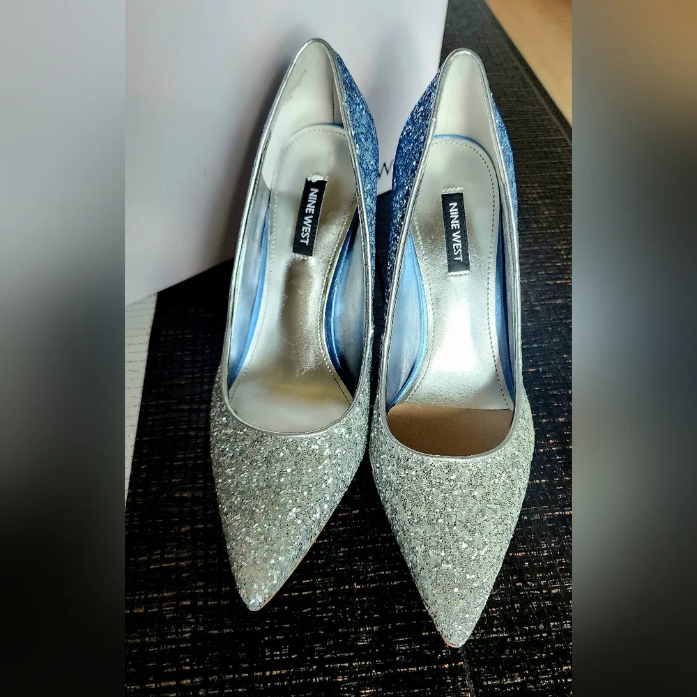 Nine West Silver & Blue Glitter Heels - Picture 1 of 8